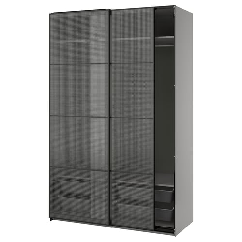 PAX / LUNDBRÄSMA Armoire portes coulissantes, gris foncé noir/verre à carreaux, 59x26x92 7/8 "