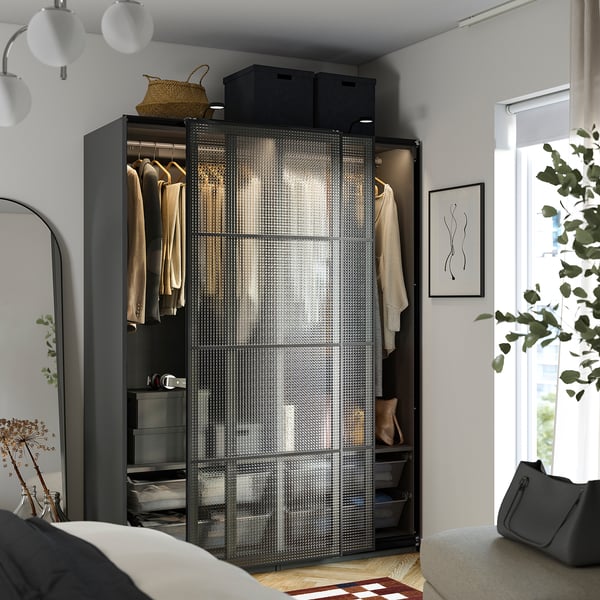 PAX / LUNDBRÄSMA Armoire portes coulissantes, gris foncé noir/verre à carreaux, 59x26x79 1/8 "