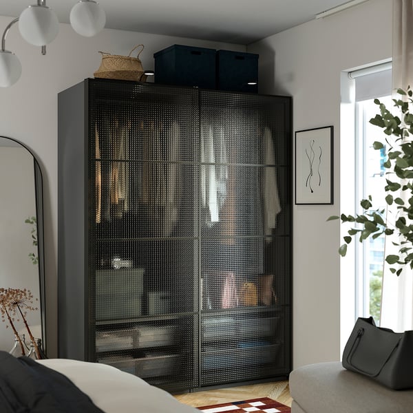 PAX / LUNDBRÄSMA Armoire portes coulissantes, gris foncé noir/verre à carreaux, 59x26x79 1/8 "