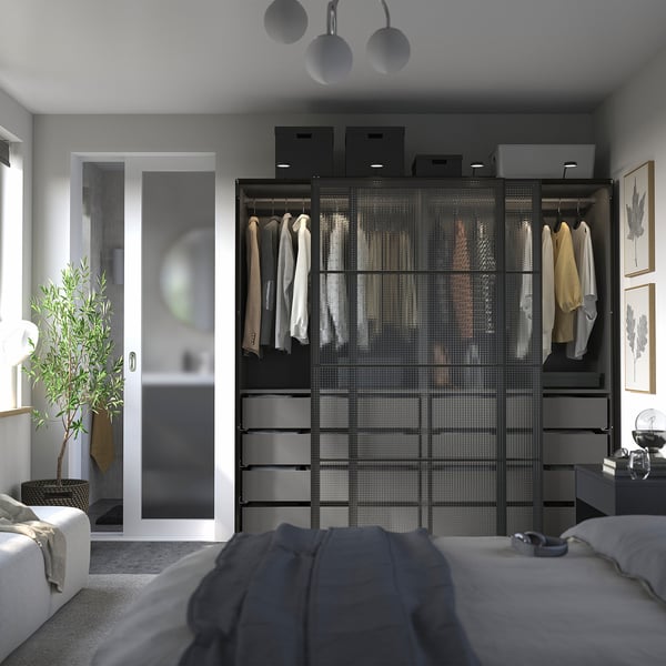 PAX / LUNDBRÄSMA Armoire portes coulissantes, gris foncé noir/verre à carreaux, 78 3/4x26x79 1/4 "