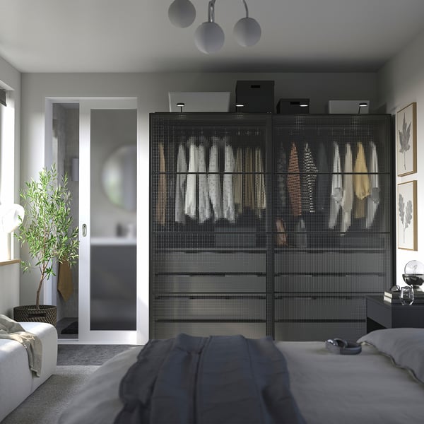 PAX / LUNDBRÄSMA Armoire portes coulissantes, gris foncé noir/verre à carreaux, 78 3/4x26x79 1/4 "