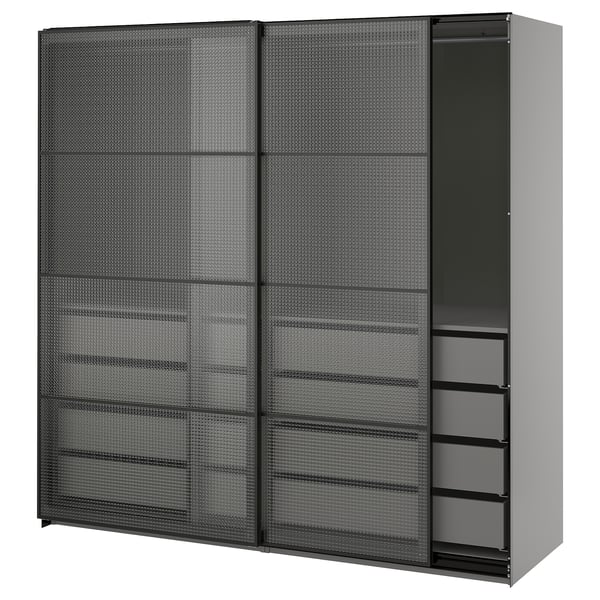 PAX / LUNDBRÄSMA Armoire portes coulissantes, gris foncé noir/verre à carreaux, 78 3/4x26x79 1/4 "
