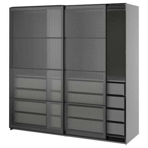 PAX / LUNDBRÄSMA Armoire portes coulissantes, gris foncé noir/verre à carreaux, 78 3/4x26x79 1/4 "