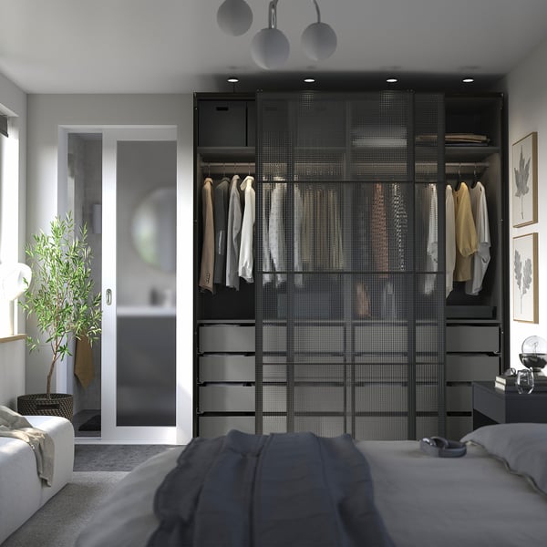 PAX / LUNDBRÄSMA Armoire portes coulissantes, gris foncé noir/verre à carreaux, 78 3/4x26x93 1/8 "