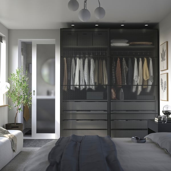 PAX / LUNDBRÄSMA Armoire portes coulissantes, gris foncé noir/verre à carreaux, 78 3/4x26x93 1/8 "