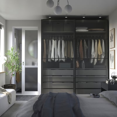 PAX / LUNDBRÄSMA Armoire portes coulissantes, gris foncé noir/verre à carreaux, 78 3/4x26x93 1/8 "