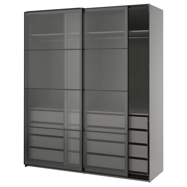 PAX / LUNDBRÄSMA Armoire portes coulissantes, gris foncé noir/verre à carreaux, 78 3/4x26x93 1/8 "