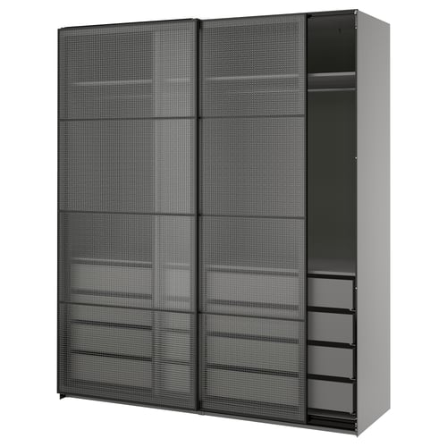PAX / LUNDBRÄSMA Armoire portes coulissantes, gris foncé noir/verre à carreaux, 78 3/4x26x93 1/8 "
