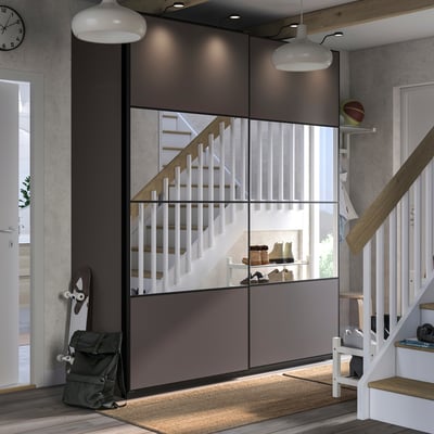 PAX / MEHAMN/AULI Armoire portes coulissantes, gris foncé double face/gris foncé verre miroir, 78 3/4x26x93 1/8 "