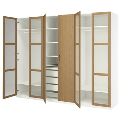 PAX / TONSTAD Agencement armoire-penderie, blanc/chêne plaqué verre, 118 1/8x23 5/8x93 1/8 "