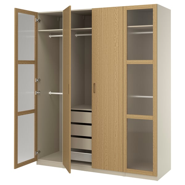 PAX / TONSTAD Agencement armoire-penderie, gris-beige/chêne plaqué verre, 78 3/4x23 5/8x93 1/8 "
