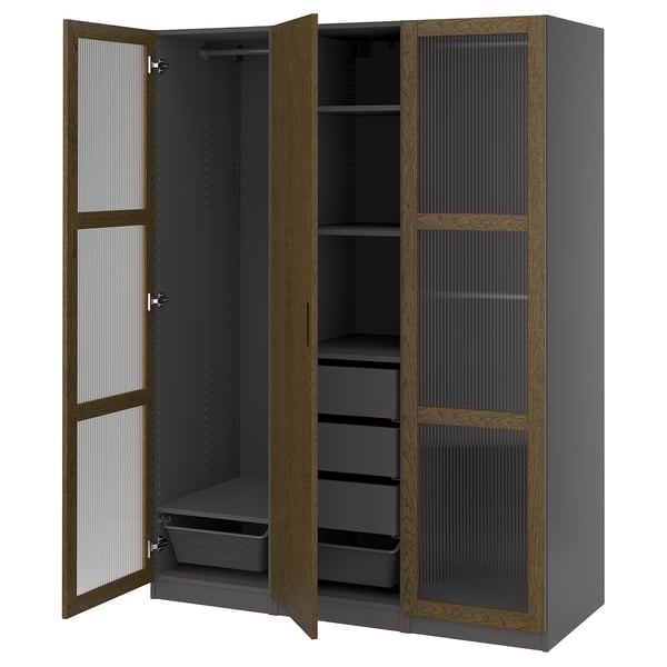 PAX / TONSTAD Agencement armoire-penderie, gris foncé brun/chêne plaqué teinté verre, 59x23 5/8x79 1/4 "