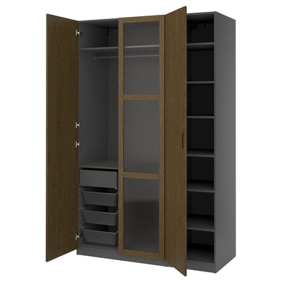 PAX / TONSTAD Agencement armoire-penderie, gris foncé brun/chêne plaqué teinté verre, 59x23 5/8x93 1/8 "