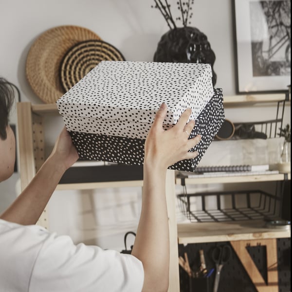 RÄTTAREN Boîte rangement avec couvercle, 2p, noir/blanc