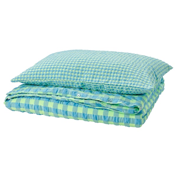 RÅGBLOMMA Housse de couette et taie(s), vert clair/bleu clair, 1 place