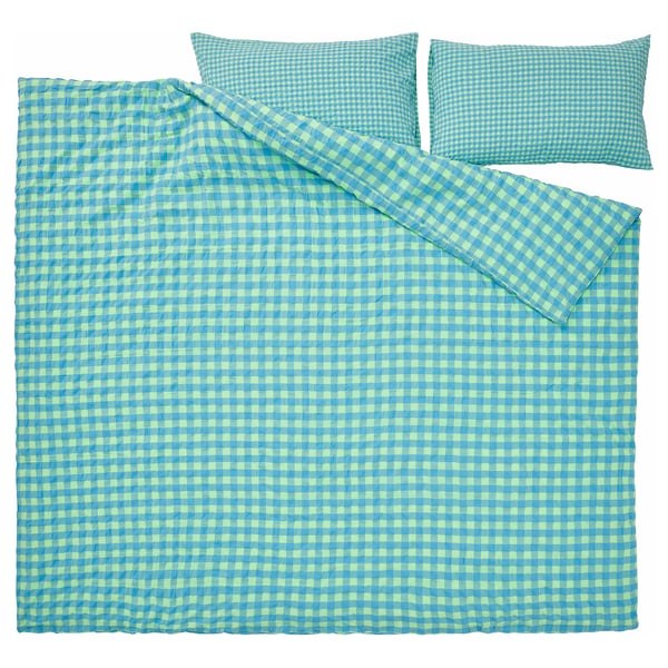 RÅGBLOMMA Housse de couette et taie(s), vert clair/bleu clair, 2 places/grand 2 places