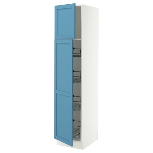 SEKTION Armoire haute av porte +corbeilles, blanc/Lerhyttan bleu, 18x24x80 "