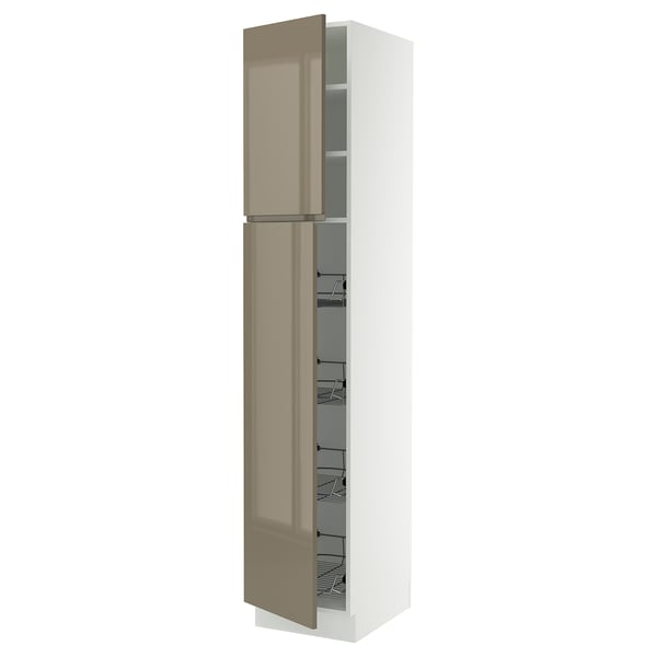 SEKTION Armoire haute av porte +corbeilles, blanc/Voxtorp gris-brun foncé ultrabrillant, 18x24x90 "