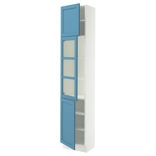 SEKTION Armoire haute pte vitr/2 ptes, blanc/Lerhyttan bleu, 18x15x90 "