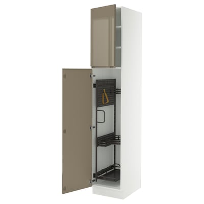 SEKTION Armoire haute+rangement coulissant, blanc/Voxtorp gris-brun foncé ultrabrillant, 18x24x90 "