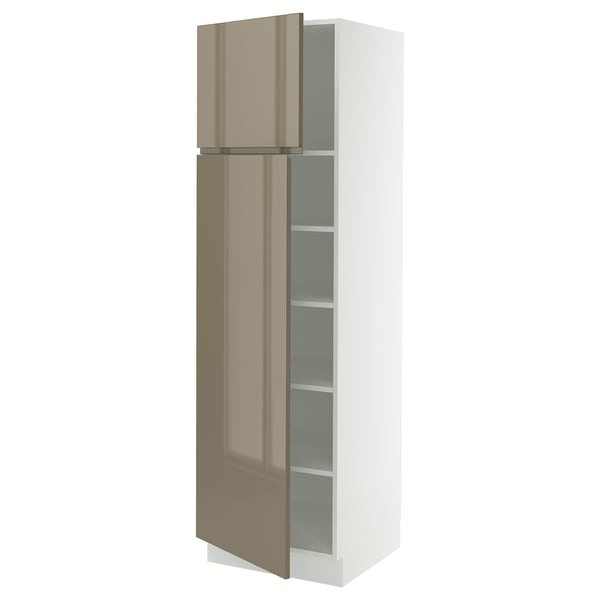 SEKTION Armoire haute + tablette/2ptes, blanc/Voxtorp gris-brun foncé ultrabrillant, 24x24x80 "