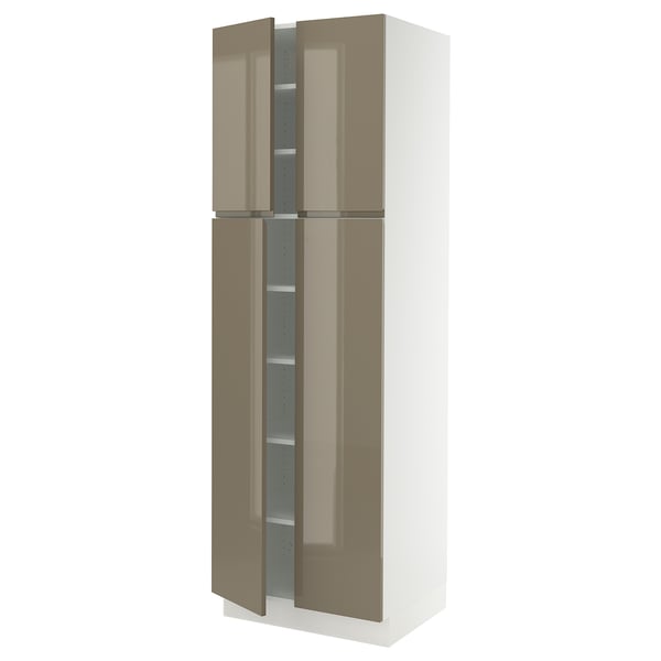 SEKTION Armoire haute + tablettes/4 portes, blanc/Voxtorp gris-brun foncé ultrabrillant, 30x24x90 "