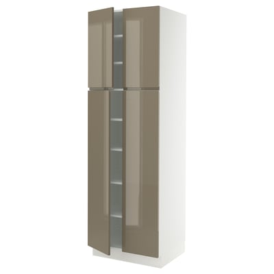 SEKTION Armoire haute + tablettes/4 portes, blanc/Voxtorp gris-brun foncé ultrabrillant, 30x24x90 "