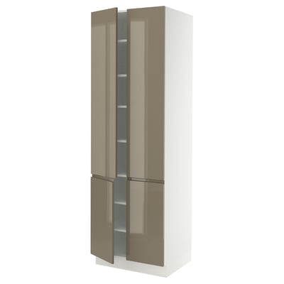 SEKTION Armoire haute + tablettes/4 portes, blanc/Voxtorp gris-brun foncé ultrabrillant, 30x24x90 "