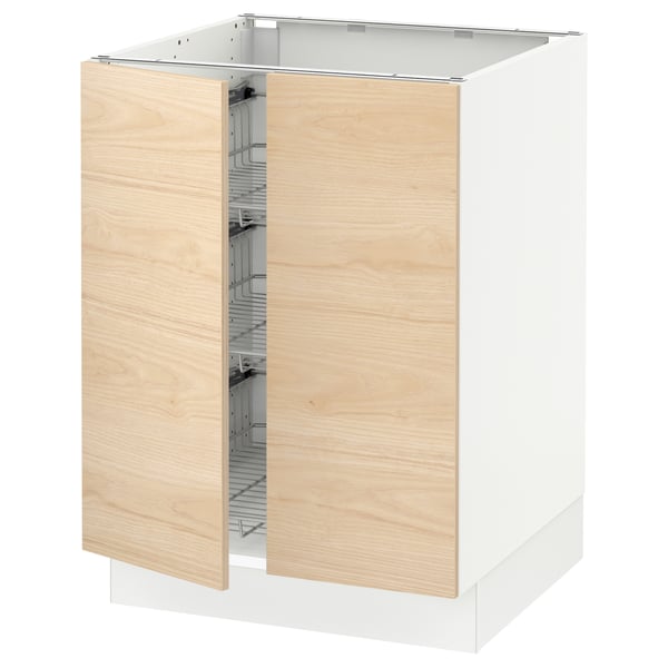 SEKTION Armoire inf corbeille fil/2 portes, blanc/Askersund effet frêne clair, 24x24x30 "