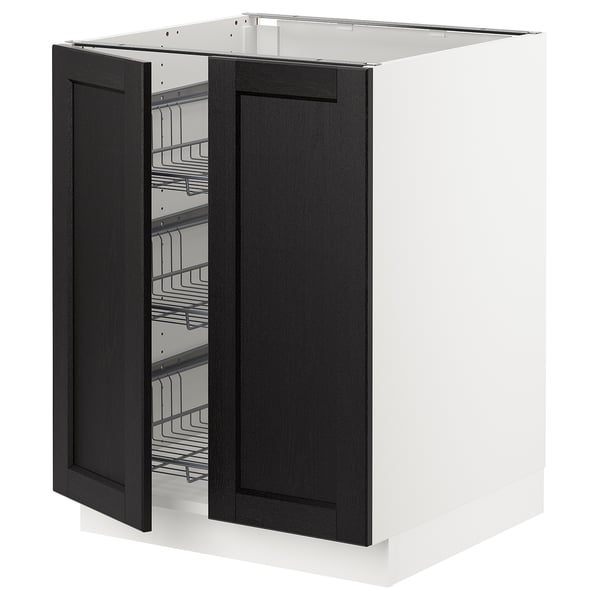 SEKTION Armoire inf corbeille fil/2 portes, blanc/Lerhyttan teinté noir, 24x24x30 "