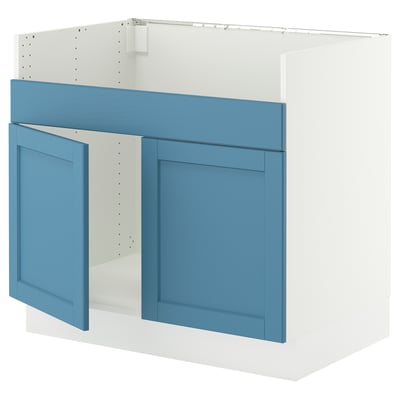 SEKTION Armoire inf pr évier 2 bacs HAVSEN, blanc/Lerhyttan bleu, 36x24x30 "
