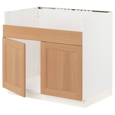SEKTION Armoire inf pr évier 2 bacs HAVSEN, blanc/Vedhamn chêne, 36x24x30 "