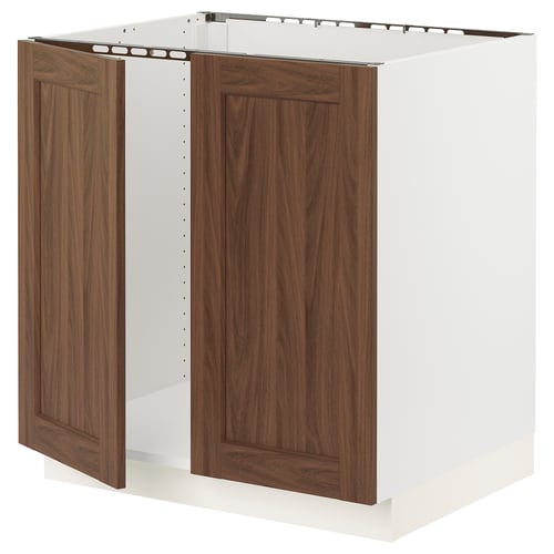 SEKTION Armoire inférieure évier 2 ptes, blanc Enköping/brun effet noyer, 30x24x30 "