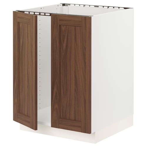SEKTION Armoire inférieure évier 2 ptes, blanc Enköping/brun effet noyer, 24x24x30 "