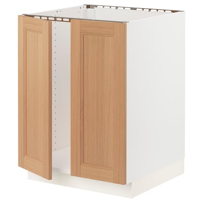 SEKTION Armoire inférieure évier 2 ptes, blanc/Vedhamn chêne, 24x24x30 "