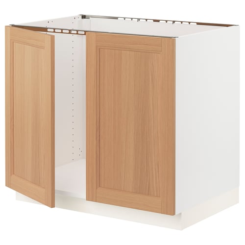 SEKTION Armoire inférieure évier 2 ptes, blanc/Vedhamn chêne, 36x24x30 "