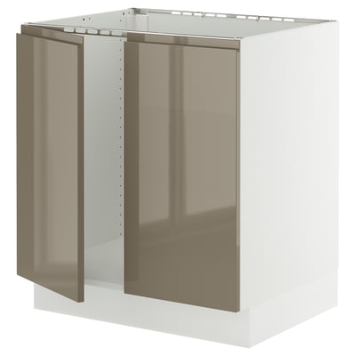 SEKTION Armoire inférieure évier 2 ptes, blanc/Voxtorp gris-brun foncé ultrabrillant, 30x24x30 "