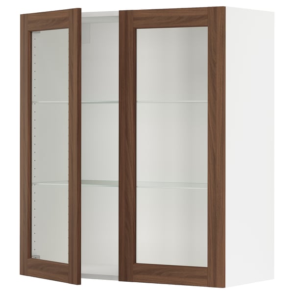 SEKTION Armoire murale 2 portes vitrées, blanc Enköping/brun effet noyer, 36x15x40 "