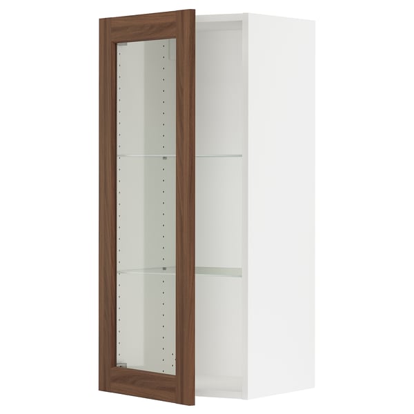 SEKTION Armoire murale porte vitrée, blanc Enköping/brun effet noyer, 18x15x40 "