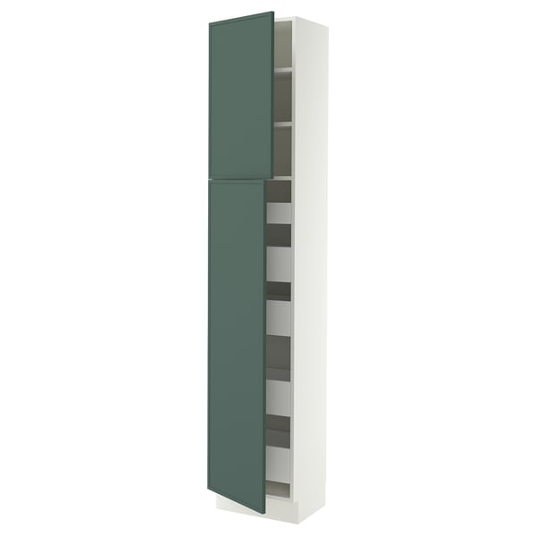 SEKTION / MAXIMERA Armoire haute+2 ptes/tablettes/5tir, blanc/Aspudden gris-vert foncé, 18x15x90 "