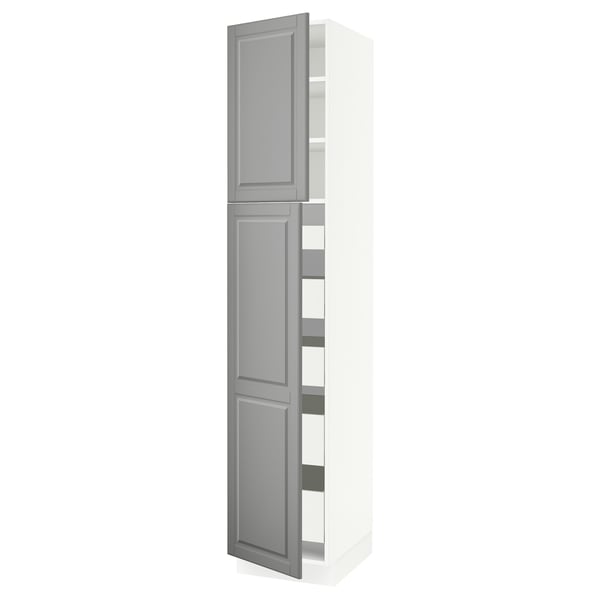 SEKTION / MAXIMERA Armoire haute+2 ptes/tablettes/5tir, blanc/Bodbyn gris, 18x24x90 "
