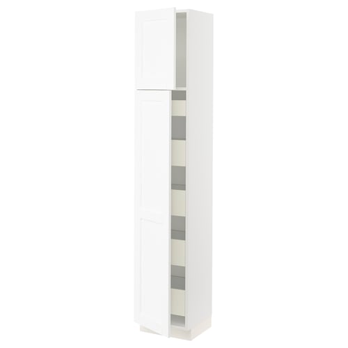 SEKTION / MAXIMERA Armoire haute+2 ptes/tablettes/5tir, blanc Enköping/blanc effet bois, 15x15x80 "