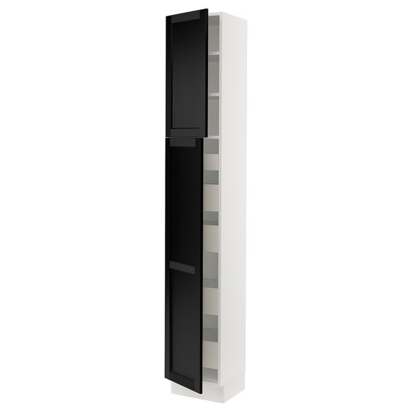 SEKTION / MAXIMERA Armoire haute+2 ptes/tablettes/5tir, blanc/Lerhyttan teinté noir, 15x15x90 "