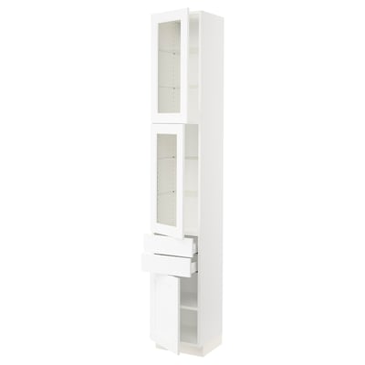 SEKTION / MAXIMERA Armoire haute 2 ptes vitr/2tir/1pte, blanc Enköping/blanc effet bois, 15x15x90 "