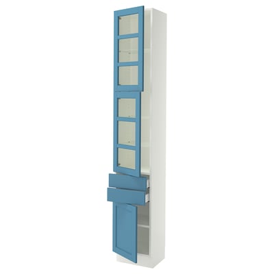 SEKTION / MAXIMERA Armoire haute 2 ptes vitr/2tir/1pte, blanc/Lerhyttan bleu, 15x15x90 "