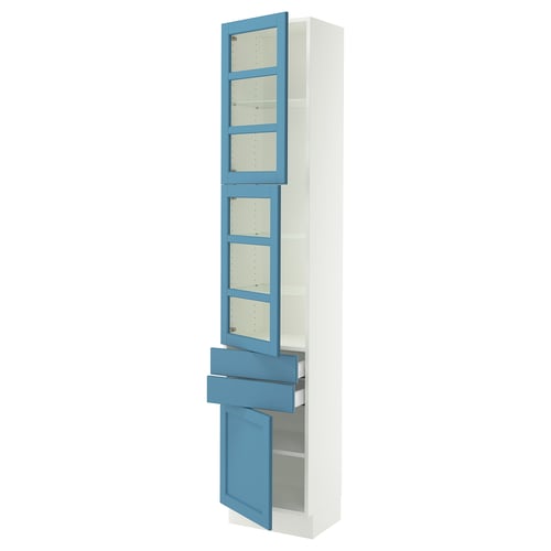 SEKTION / MAXIMERA Armoire haute 2 ptes vitr/2tir/1pte, blanc/Lerhyttan bleu, 18x15x90 "