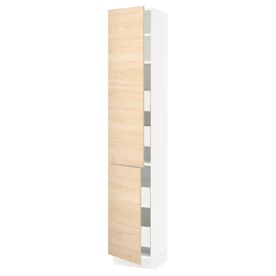 SEKTION / MAXIMERA Armoire haute+2portes/tabl/4tiroirs, blanc/Askersund effet frêne clair, 15x15x80 "