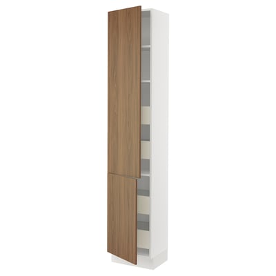 SEKTION / MAXIMERA Armoire haute+2portes/tabl/4tiroirs, blanc/Tistorp effet noyer foncé, 18x15x90 "