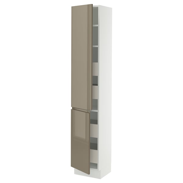SEKTION / MAXIMERA Armoire haute+2portes/tabl/4tiroirs, blanc/Voxtorp gris-brun foncé ultrabrillant, 15x15x80 "