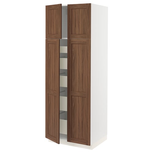 SEKTION / MAXIMERA Armoire haute 4 portes/5 tiroirs, blanc Enköping/brun effet noyer, 30x24x80 "